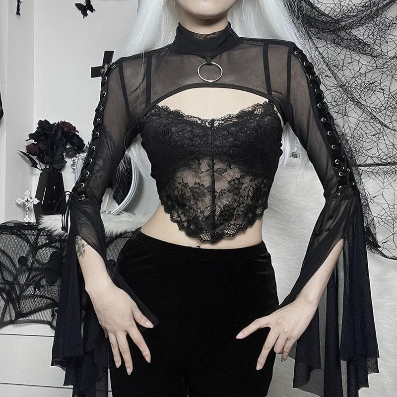 Flared sleeve o ring sheer mesh lace up shrug high neck top