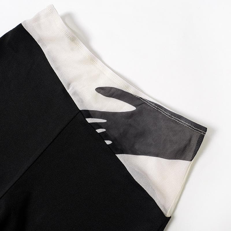 Halter backless mesh patchwork contrast palm pattern pant set