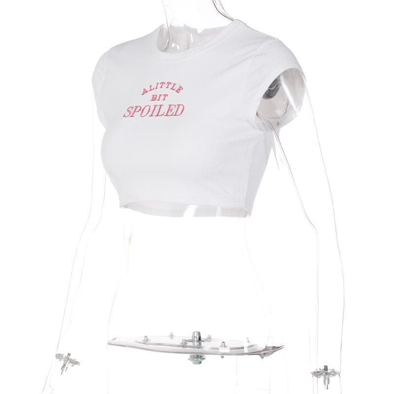 “SPOILED” embroidery contrast crewneck cap sleeve crop top
