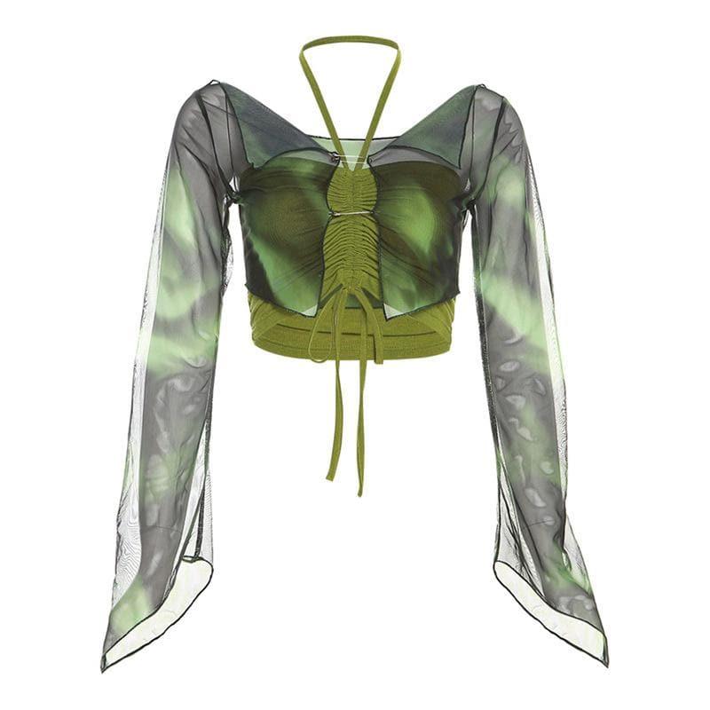 Halter drawstring mesh flared sleeve tie dye 2 piece crop top