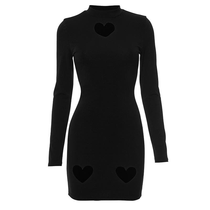 Heart hollow out long sleeve solid high neck cut out mini dress  | Festival Outfits Women
