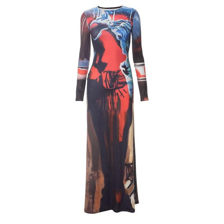 Abstract long sleeve contrast print maxi dress  | Festival Outfits Women