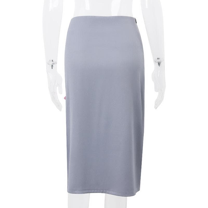 Bowknot slit lace hem denim zip-up hollow out irregular cut out midi skirt  | Festival Outfits Women