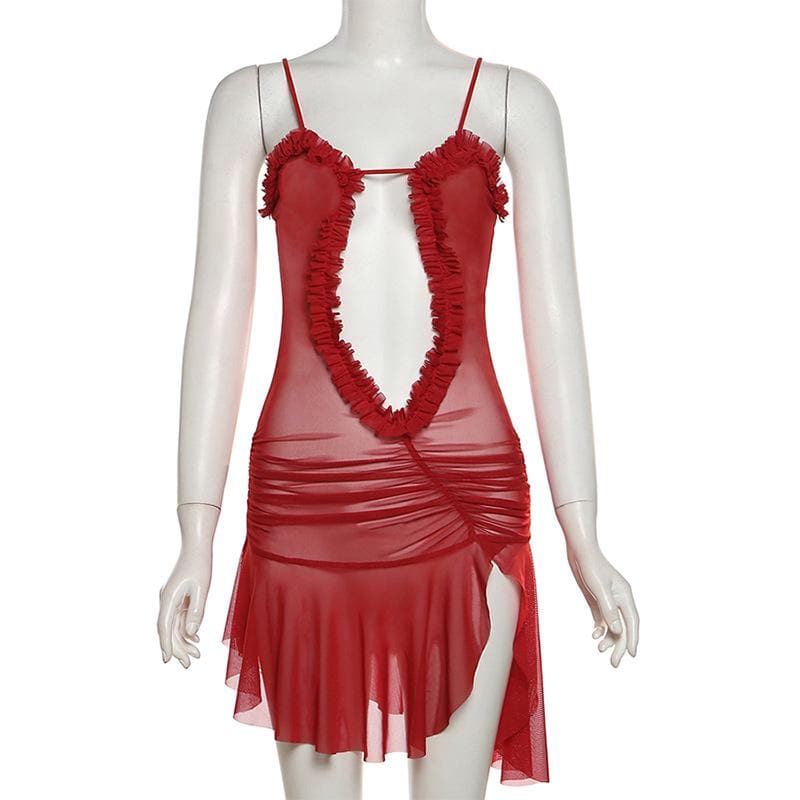 Ruched ruffle slit sheer mesh hollow out cami cut out mini dress-final-sale