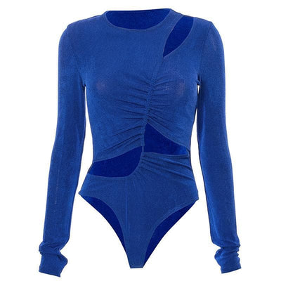 Long sleeve hollow out ruched asymmetrical bodysuit - Halibuy