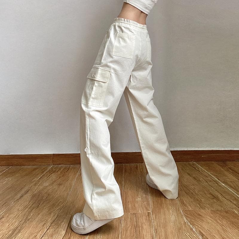 Solid cargo pocket self tie low rise straight leg Parachute pants