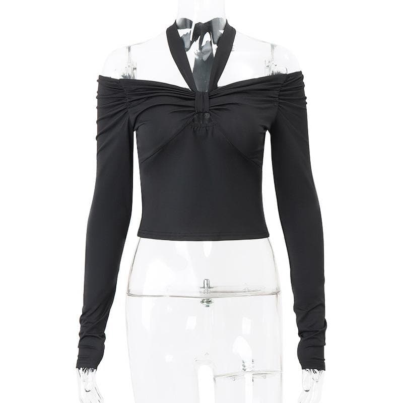 Long sleeve off shoulder halter ruched backless solid hollow out cut out top  | Festival Outfits Women