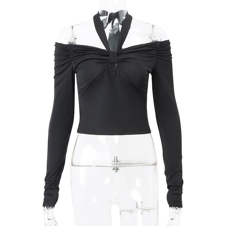 Long sleeve off shoulder halter ruched backless solid hollow out cut out top  | Festival Outfits Women