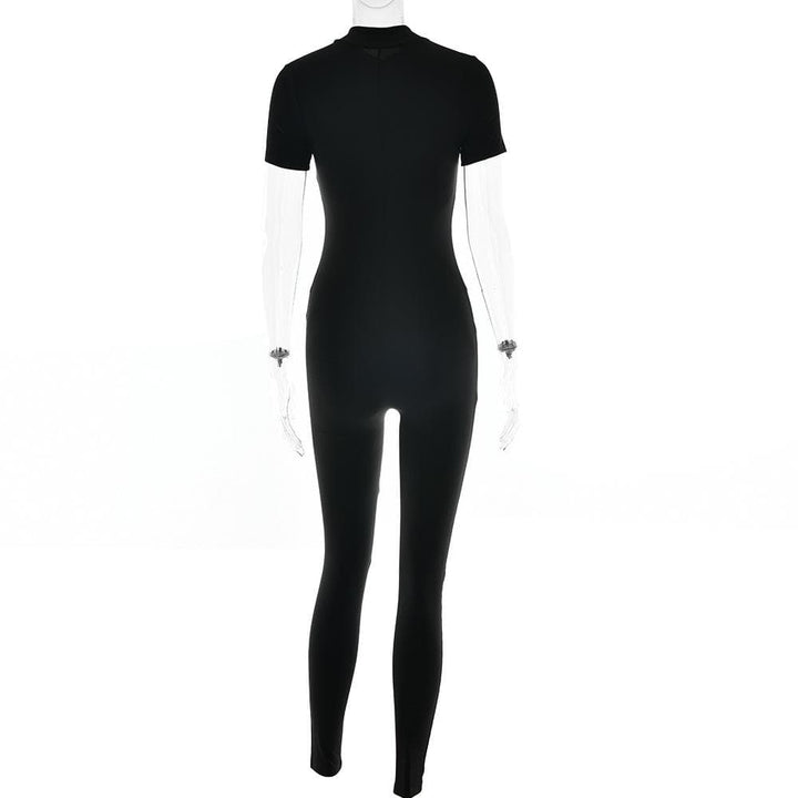 Short sleeve zip-up high neck solid jumpsuit