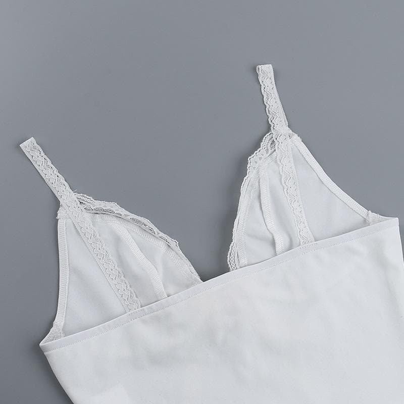 V neck lace hem backless bowknot ribbon crop cami top  | Festival Outfits Women