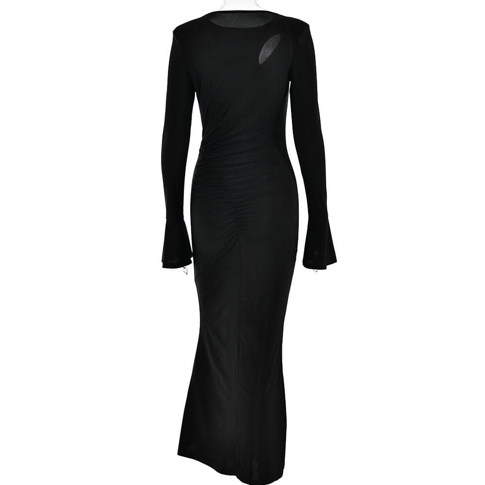 Ruched solid hollow out irregular long sleeve cut out maxi dress - Final Sale