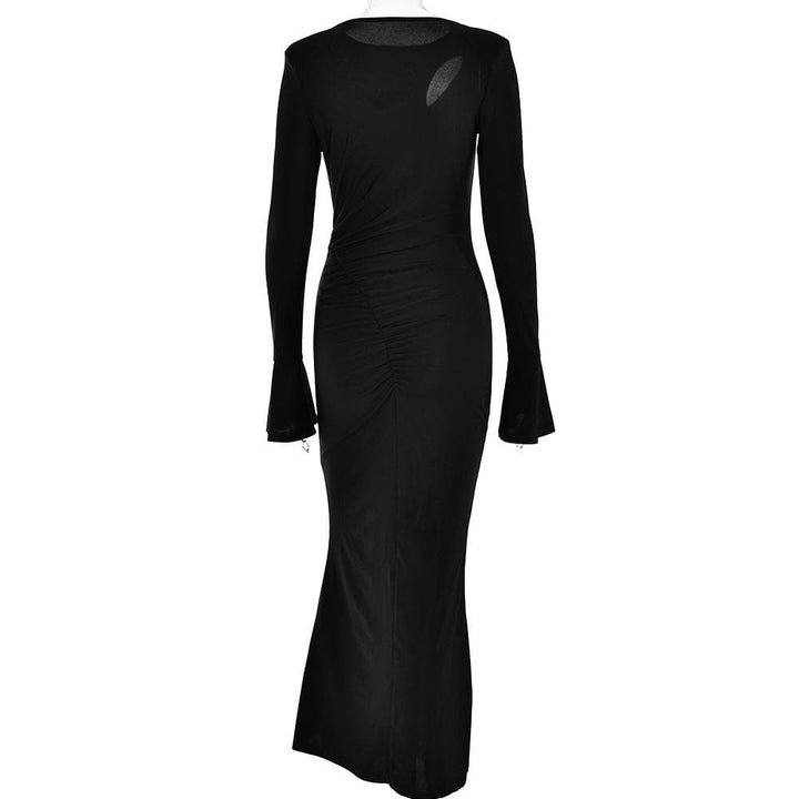 Ruched solid hollow out irregular long sleeve cut out maxi dress - Final Sale