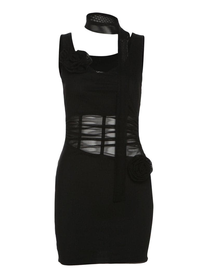 Cowl neck sheer mesh flower applique cami mini dress  | Festival Outfits Women