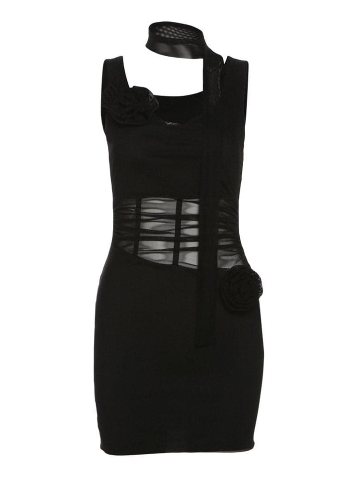 Cowl neck sheer mesh flower applique cami mini dress  | Festival Outfits Women