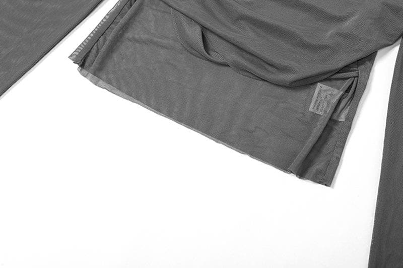 Long sleeve mesh self tie off shoulder solid crop top | Mesh Long Sleeve Crop Top