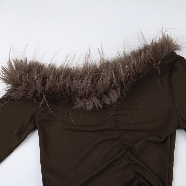 Feather irregular long sleeve ruched off shoulder crop top  | Festival Outfits Women