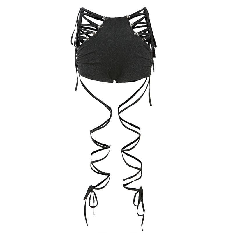 Lace up hollow out self tie drawstring high rise pant set-final-sale