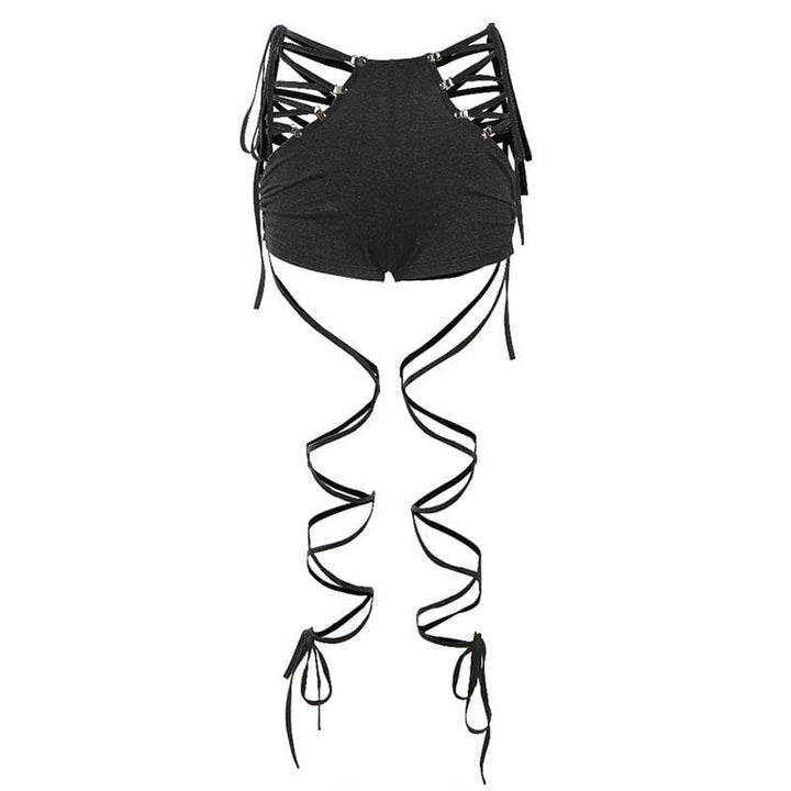 Lace up hollow out self tie drawstring high rise pant set-final-sale