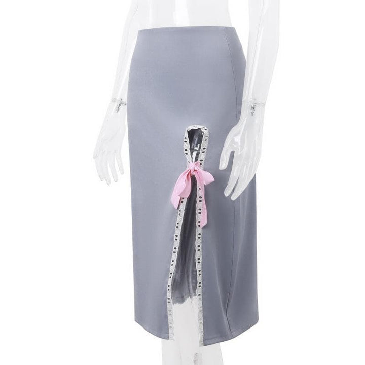 Bowknot slit lace hem denim zip-up hollow out irregular cut out midi skirt  | Festival Outfits Women