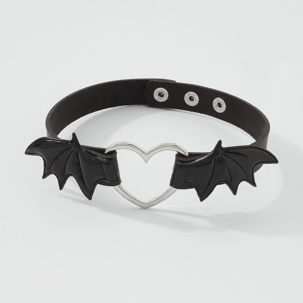 Wing heart ring button PU choker necklace