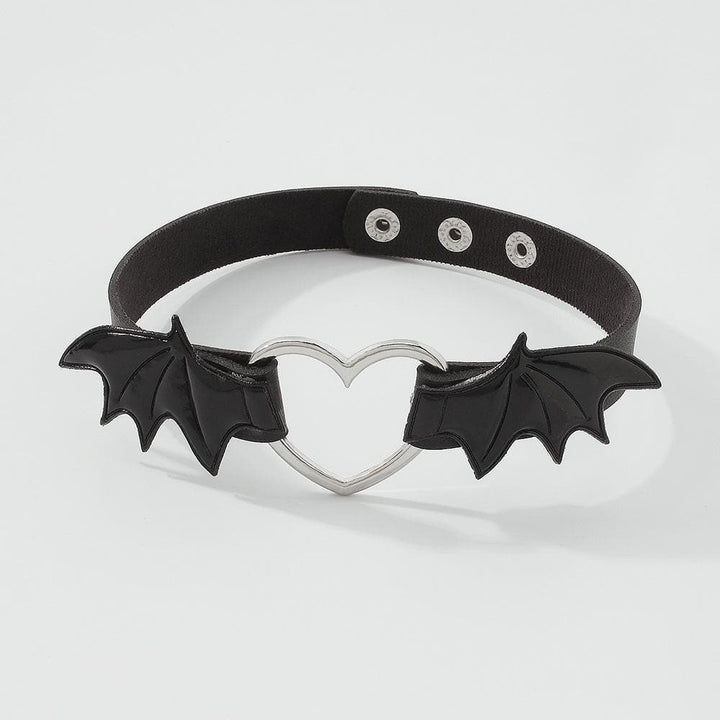 Wing heart ring button PU choker necklace