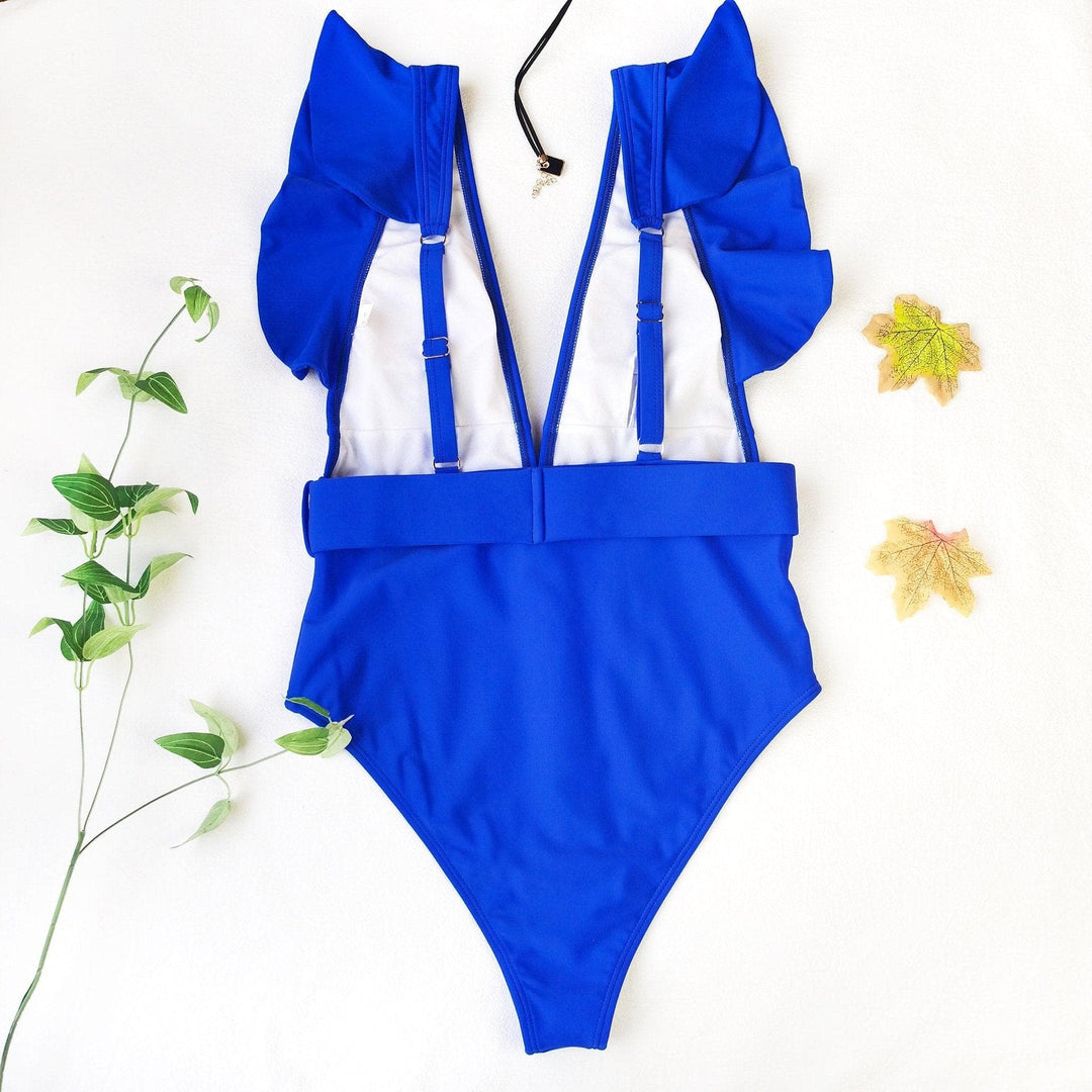 V neck ruffled one piece swimwear - Halibuy