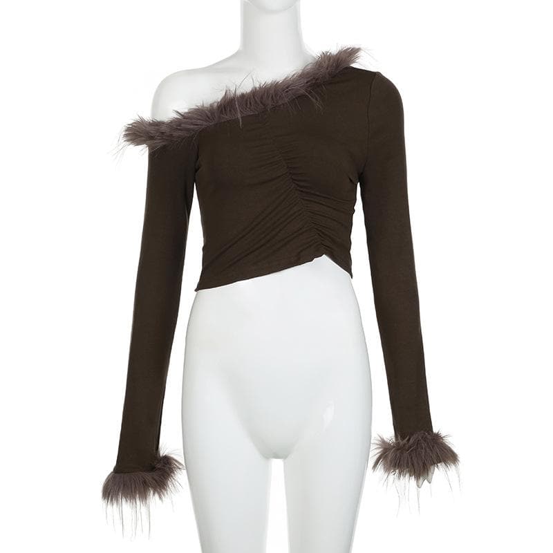 Feather irregular long sleeve ruched off shoulder crop top  | Festival Outfits Women