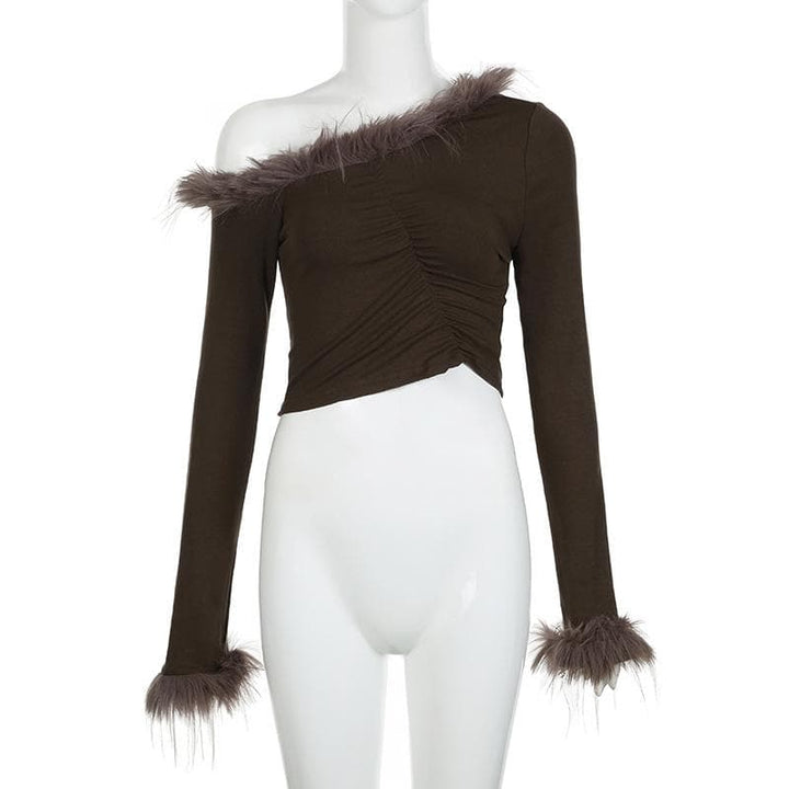 Feather irregular long sleeve ruched off shoulder crop top  | Festival Outfits Women