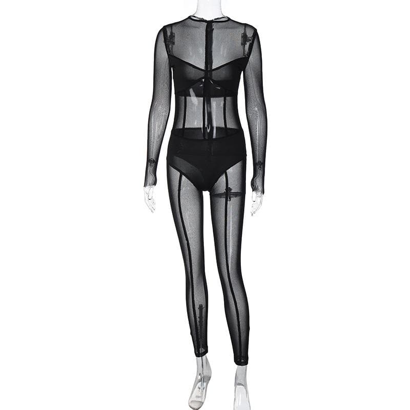 Mesh patchwork zip-up solid long sleeve jumpsuit  | Festival Outfits Women