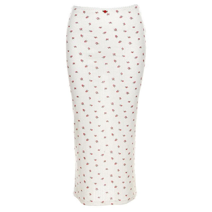 Flower print u neck sleeveless low rise lace hem midi skirt set