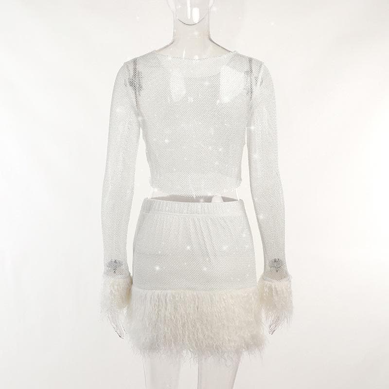 Feather long sleeve fishnet see through solid mini skirt set