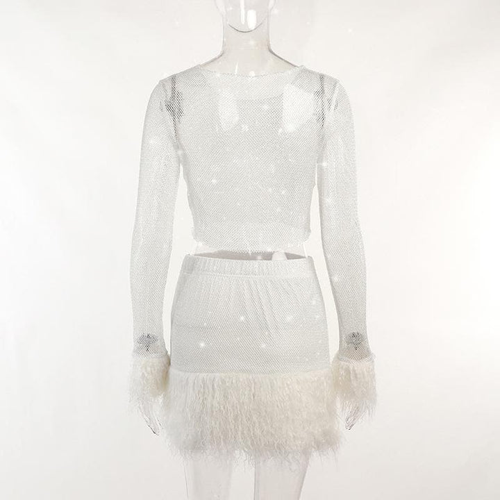 Feather long sleeve fishnet see through solid mini skirt set