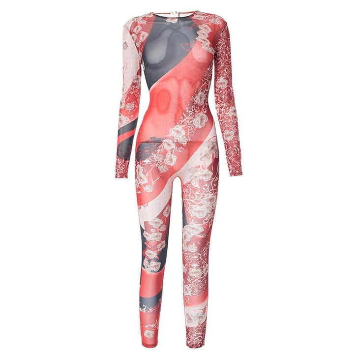 Contrast print zip-up long sleeve sheer mesh see through jumpsuit  | Festival Outfits Women