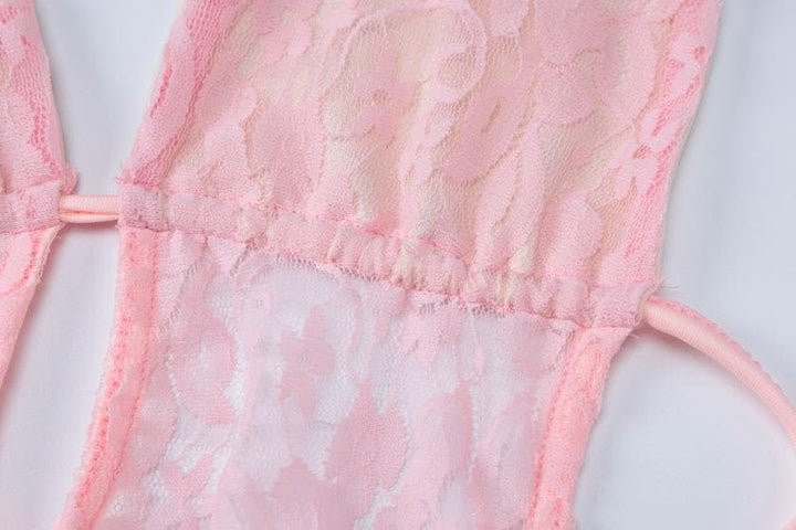 Halter v neck backless lace self tie hollow out cut out mini dress