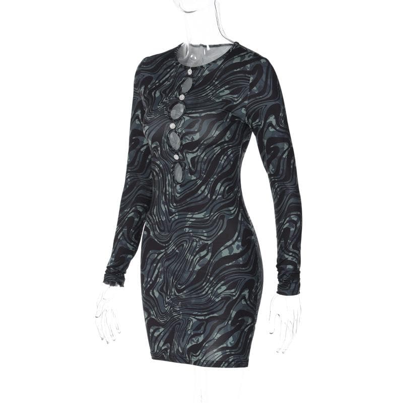 Ripple contrast long sleeve hollow out crewneck cut out mini dress