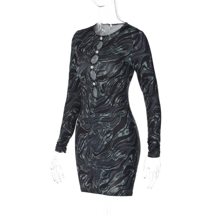 Ripple contrast long sleeve hollow out crewneck cut out mini dress