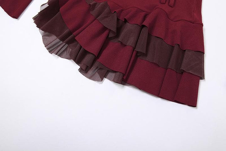 Metal chain button ruffle contrast off shoulder long sleeve mini dress  | Festival Outfits Women