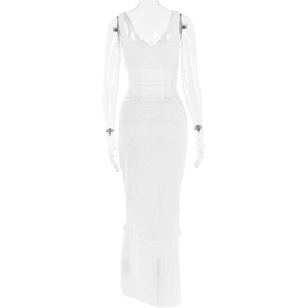 Lace v neck sleeveless hollow out solid patchwork maxi skirt set - Final Sale