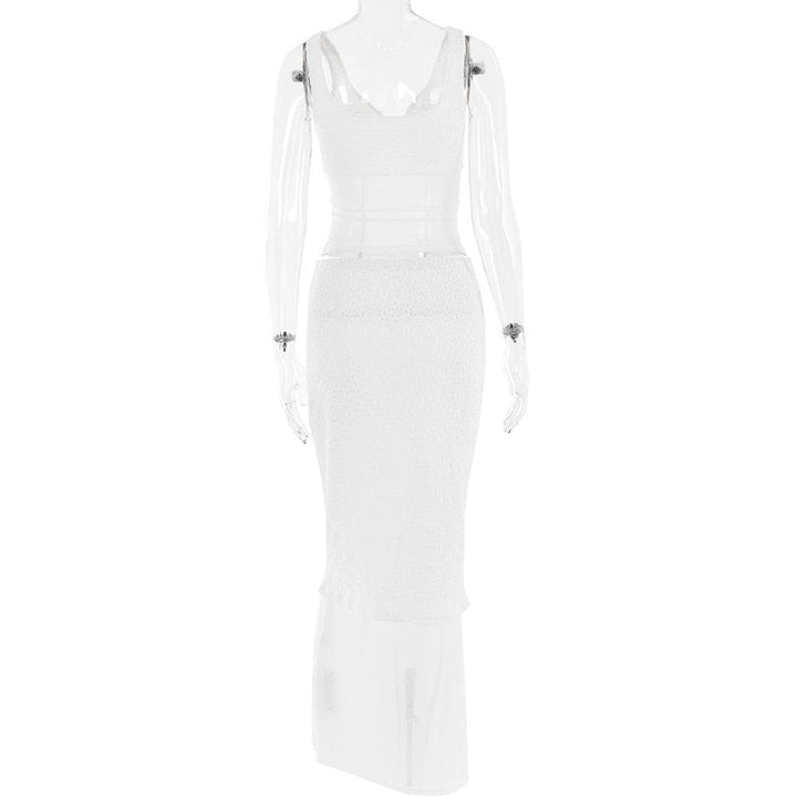 Lace v neck sleeveless hollow out solid patchwork maxi skirt set - Final Sale