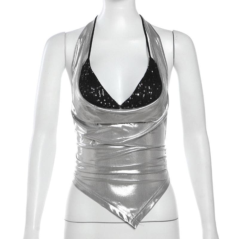 Halter metallic glitter cowl neck ruched 2 piece top  | Festival Outfits Women