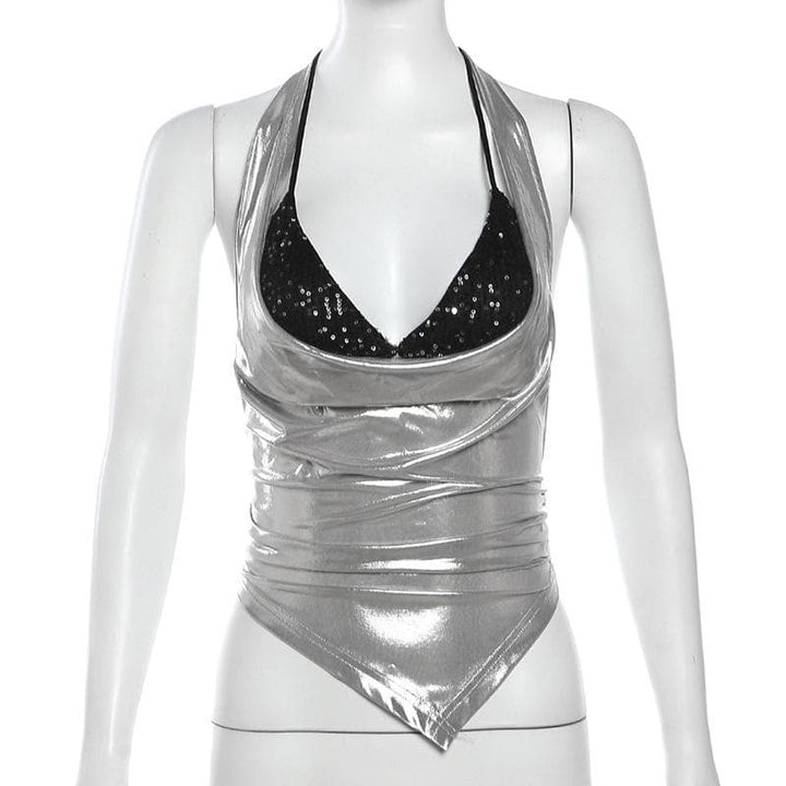 Halter metallic glitter cowl neck ruched 2 piece top  | Festival Outfits Women