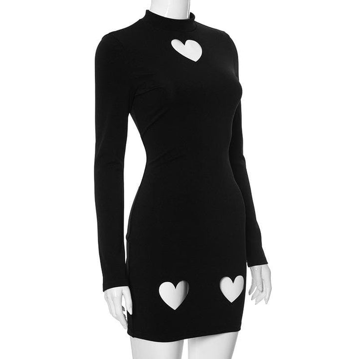 Heart hollow out long sleeve solid high neck cut out mini dress  | Festival Outfits Women