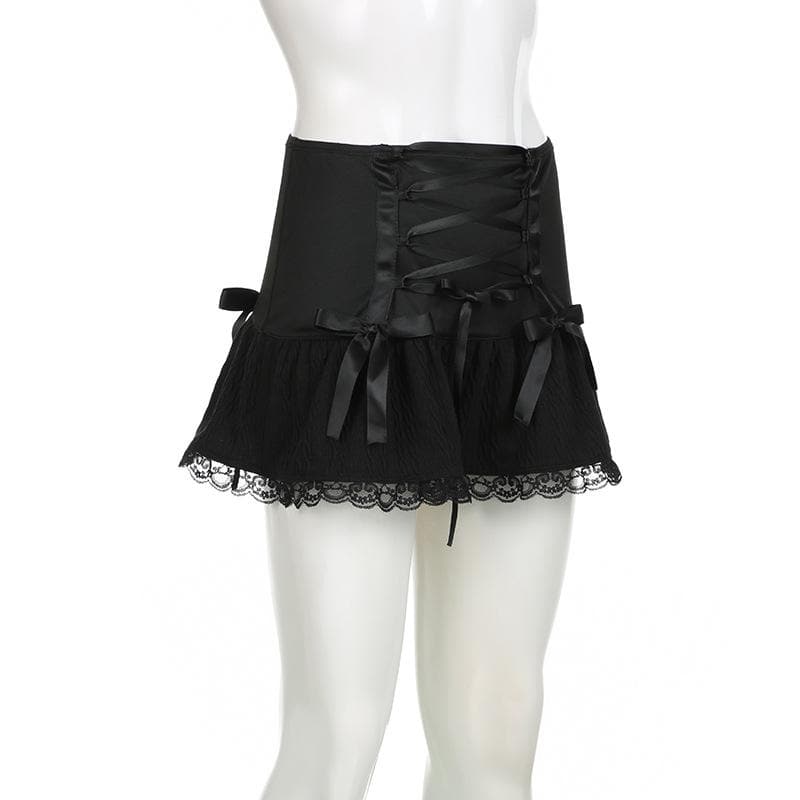 Lace up ruched lace hem solid bowknot low rise mini skirt  | Festival Outfits Women