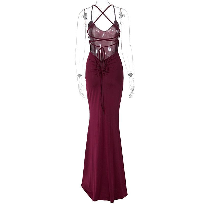 Ruched solid backless cross back v neck lace up maxi dress  | Festival Outfits Women