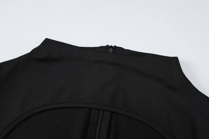 Long sleeve hollow out gloves solid zip-up jumpsuit