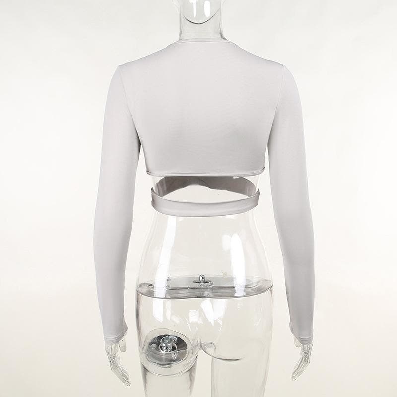 Hollow out solid cross front low cut long sleeve crop cut out top - Final Sale