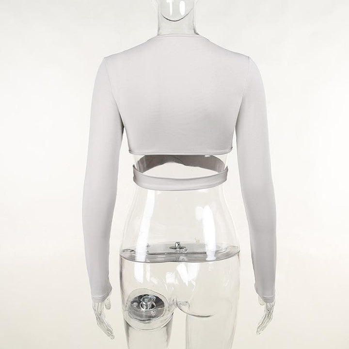 Hollow out solid cross front low cut long sleeve crop cut out top - Final Sale