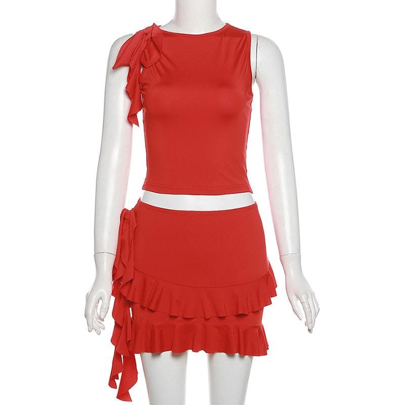 Crewneck ruffle solid self tie mini skirt set  | Festival Outfits Women