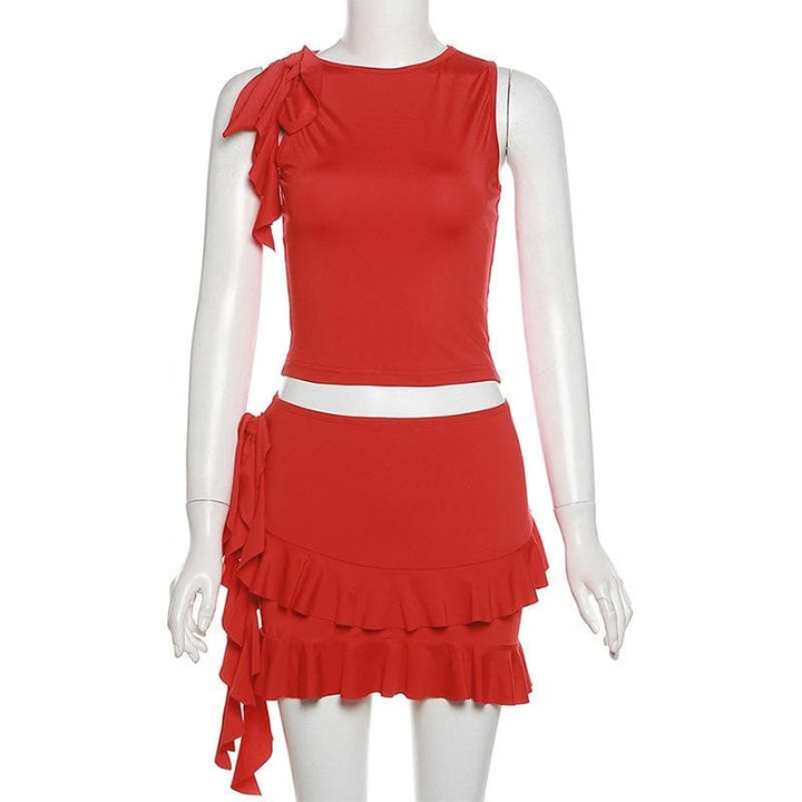 Crewneck ruffle solid self tie mini skirt set  | Festival Outfits Women