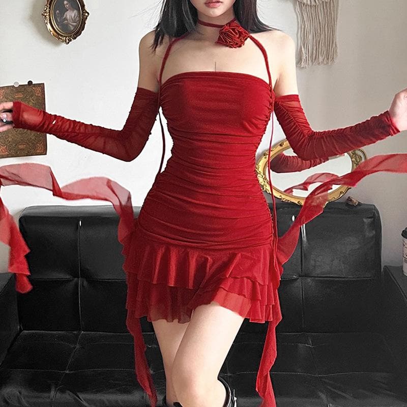 Long sleeve sheer mesh flower applique mini dress  | Festival Outfits Women